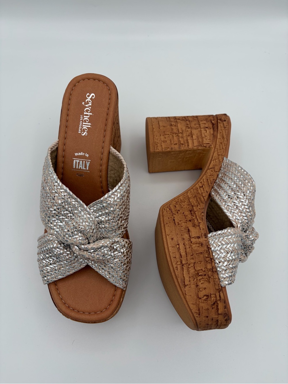 Seychelles Adorned Anthropologie Silver Raffia Platform Slide Sandals Size 10 - Picture 10 of 12